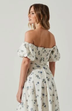 Off Shoulder Puff Sleeve Midi Dress -Dresses Sales Store ADR101706 WHITEBLUEFLORAL 5
