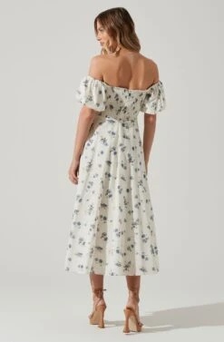 Off Shoulder Puff Sleeve Midi Dress -Dresses Sales Store ADR101706 WHITEBLUEFLORAL 6