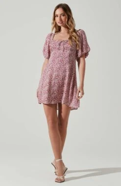 Floral Puff Sleeve Mini Dress -Dresses Sales Store ADR101755 MAGENTALIMEDITSY 1