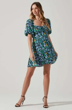 Floral Puff Sleeve Mini Dress -Dresses Sales Store ADR101755 PERIWINKLEBLKMULTI 1