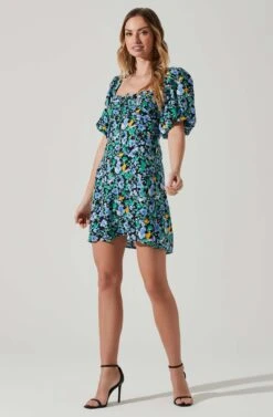 Floral Puff Sleeve Mini Dress -Dresses Sales Store ADR101755 PERIWINKLEBLKMULTI 2