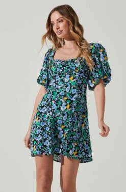 Floral Puff Sleeve Mini Dress -Dresses Sales Store ADR101755 PERIWINKLEBLKMULTI 3