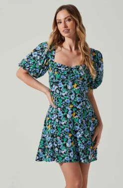 Floral Puff Sleeve Mini Dress -Dresses Sales Store ADR101755 PERIWINKLEBLKMULTI 4