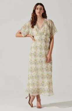 Flutter Sleeve Open Back Maxi Dress -Dresses Sales Store ADR101803 CREAMMULTIFLORAL 2