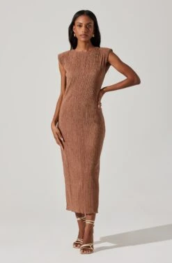 Plisse Straight Neck Midi Dress -Dresses Sales Store ADR101830 BROWN 1