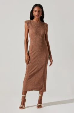 Plisse Straight Neck Midi Dress -Dresses Sales Store ADR101830 BROWN 3