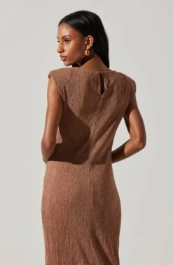 Plisse Straight Neck Midi Dress -Dresses Sales Store ADR101830 BROWN 5