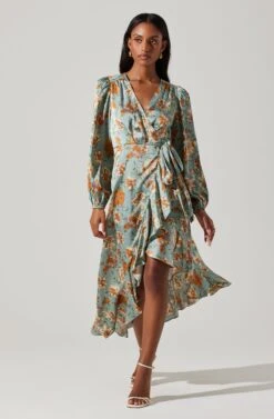 Floral Satin Wrap Long Sleeve Midi Dress -Dresses Sales Store ADR101864 DUSTYBLUEMULTIFRL 3