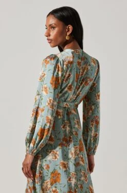 Floral Satin Wrap Long Sleeve Midi Dress -Dresses Sales Store ADR101864 DUSTYBLUEMULTIFRL 5