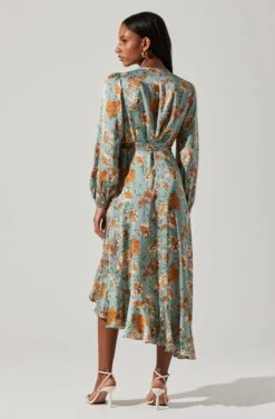 Floral Satin Wrap Long Sleeve Midi Dress -Dresses Sales Store ADR101864 DUSTYBLUEMULTIFRL 6