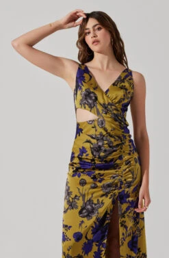 Cutout Ruched Maxi Dress -Dresses Sales Store ADR101913 CHARTREUSEINDIGOFL 4