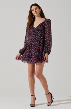 Long Sleeve A-line Mini Dress -Dresses Sales Store ADR101954 FUCHSIABLACKFLORAL 2