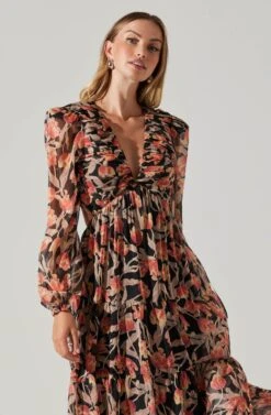 Floral Lace Back Long Sleeve Maxi Dress -Dresses Sales Store ADR102039 ORANGEBLACKFLORAL 5