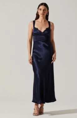Aeris Satin Lace Trim Maxi Dress -Dresses Sales Store ADR102254 NAVY 1