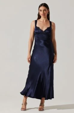 Aeris Satin Lace Trim Maxi Dress -Dresses Sales Store ADR102254 NAVY 2