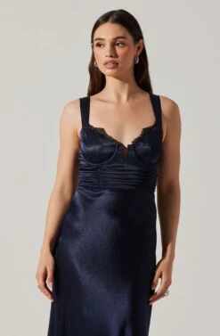 Aeris Satin Lace Trim Maxi Dress -Dresses Sales Store ADR102254 NAVY 3