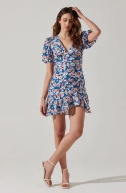 Flutter Sleeve Cutout Floral Mini Dress -Dresses Sales Store ADR10724 BLUEPINKFLORAL 2