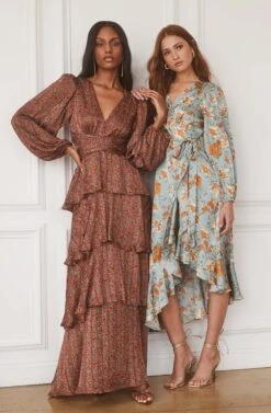 Floral Satin Wrap Long Sleeve Midi Dress -Dresses Sales Store ASTR FALL23 ASSETS 1268