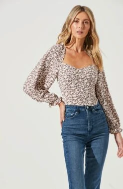 Long Sleeve Sweetheart Neck Top -Dresses Sales Store AT1072B CREAMMAUVEFLORAL 4