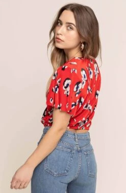Short Sleeve Crinkle Wrap Top -Dresses Sales Store AT13629 RED FLORAL 6AA