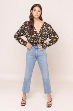 Drape Front Floral Long Sleeve Bodysuit