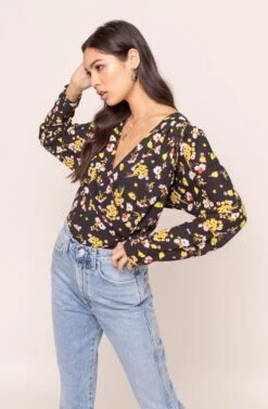 Drape Front Floral Long Sleeve Bodysuit -Dresses Sales Store AT15181 003 BLACK MULTI FLORAL 3