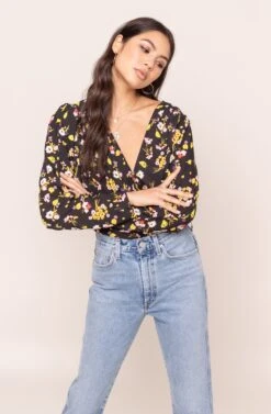 Drape Front Floral Long Sleeve Bodysuit -Dresses Sales Store AT15181 003 BLACK MULTI FLORAL 4