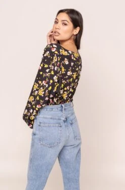 Drape Front Floral Long Sleeve Bodysuit -Dresses Sales Store AT15181 003 BLACK MULTI FLORAL 6