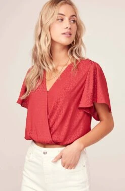 Jacquard Surplice Top -Dresses Sales Store AT15688 RED 2A