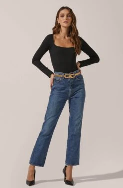 Square Neck Long Sleeve Bodysuit -Dresses Sales Store AT15694 003 BLACK 1