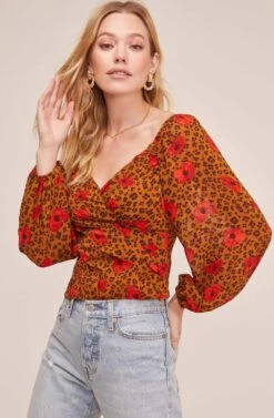 Shirred Long Sleeve Leopard Smocked Top