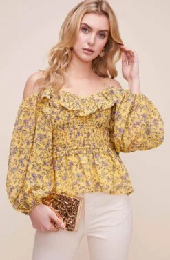 Ruffle Off Shoulder Smocked Floral Top -Dresses Sales Store AT16005 YELLOW FLORAL 3 682b1c3c caf7 46cd 9d7b fbc2bfc5c320