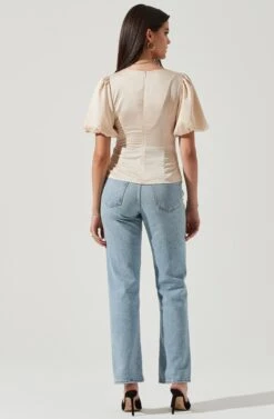 Deep V Balloon Sleeve Top -Dresses Sales Store AT16293 CHAMPAGNE 3