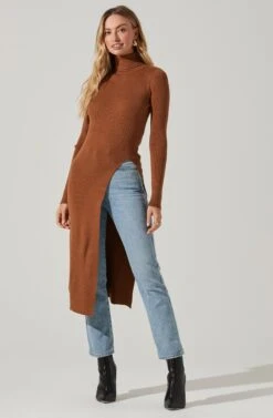 Hi Slit Turtleneck Sweater -Dresses Sales Store AT16295 CAMEL 2