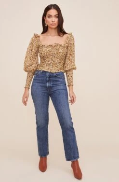 Square Neck Ruched Floral Top -Dresses Sales Store AT16433 IVORY MUSTARDFLORAL 3