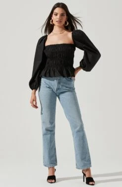 Long Bubble Sleeve Smocked Top -Dresses Sales Store AT16687L BLACK 1