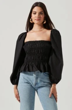 Long Bubble Sleeve Smocked Top