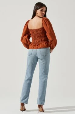 Long Bubble Sleeve Smocked Top -Dresses Sales Store AT16687L RUST 3