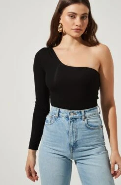 Twist Back One Sleeve Bodysuit -Dresses Sales Store AT16750 BLACK 2