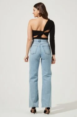 Twist Back One Sleeve Bodysuit -Dresses Sales Store AT16750 BLACK 3