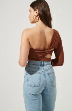 Twist Back One Sleeve Bodysuit -Dresses Sales Store AT16750 BROWN 4