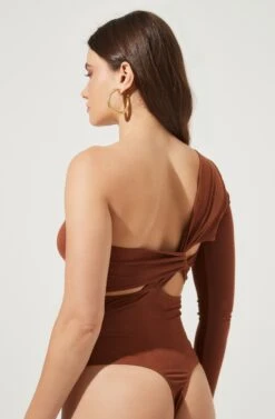 Twist Back One Sleeve Bodysuit -Dresses Sales Store AT16750 BROWN 6