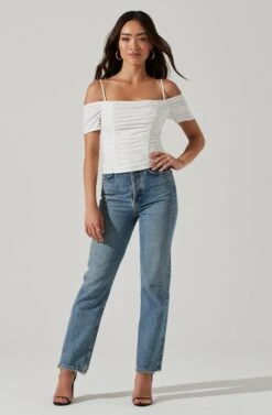 Ruched Off Shoulder Top -Dresses Sales Store AT16814B WHITE 0454