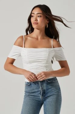 Ruched Off Shoulder Top -Dresses Sales Store AT16814B WHITE 0461