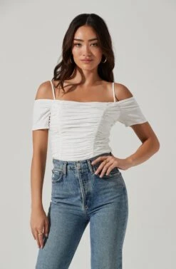 Ruched Off Shoulder Top -Dresses Sales Store AT16814B WHITE 0468