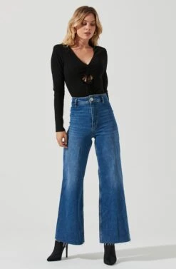 Long Sleeve Ruched Front Bodysuit -Dresses Sales Store AT16935 BLACK 1