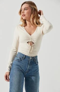 Long Sleeve Ruched Front Bodysuit -Dresses Sales Store AT16935 CREAM 2