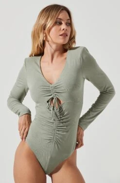 Long Sleeve Ruched Front Bodysuit -Dresses Sales Store AT16935 SAGE 5
