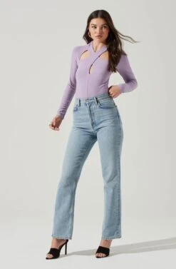 Long Sleeve Cutout Bodysuit -Dresses Sales Store AT16961 PURPLE 1