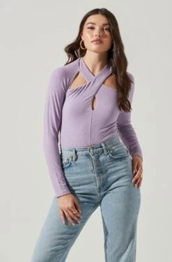 Long Sleeve Cutout Bodysuit -Dresses Sales Store AT16961 PURPLE 2